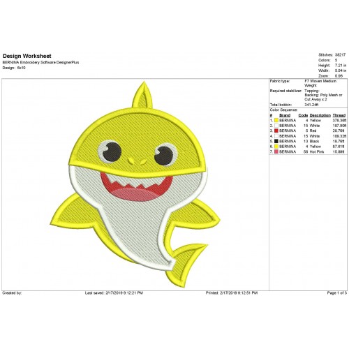Baby Shark Filled Embroidery Design