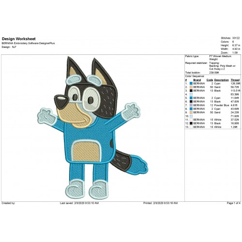 Bandit Bluey the Dog Filled Stitch Embroidery Design