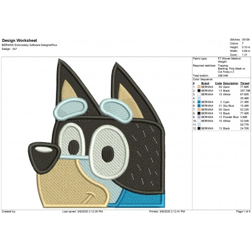 Bandit Bluey the Dog Peeker Filled Embroidery Design