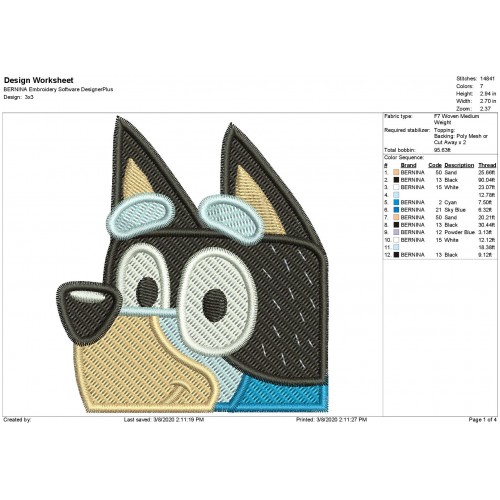 Bandit Bluey the Dog Peeker Filled Embroidery Design