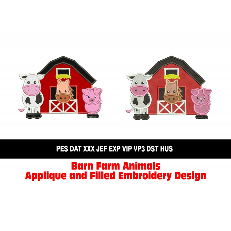 Barn Farm Animals Applique and Filled Embroidery Design