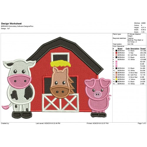 Barn Farm Animals Applique and Filled Embroidery Design