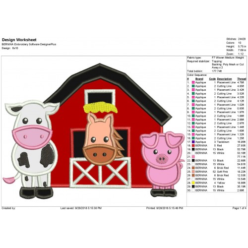 Barn Farm Animals Applique and Filled Embroidery Design