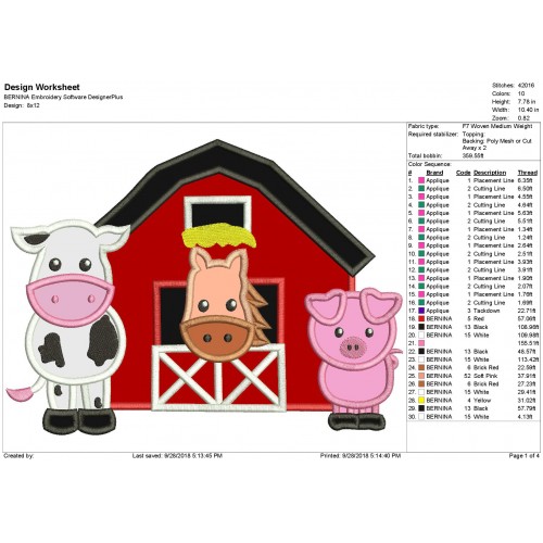 Barn Farm Animals Applique and Filled Embroidery Design