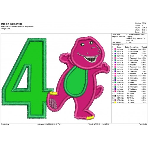 Barney 4th Birthday Applique Design