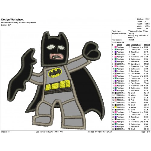 BatMan Lego Embroidery Applique Design