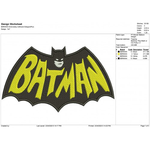 Batman Filled Stitch Embroidery Design