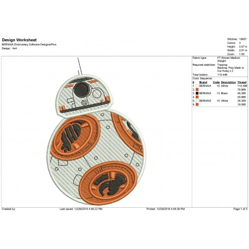 Bb8 Star Wars Fill Stitch Embroidery Design