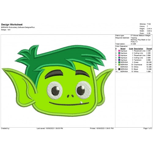 Beast Boy Head Teen Titans Applique Design