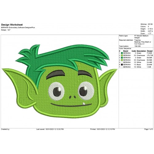 Beast Boy Head Teen Titans Embroidery Design