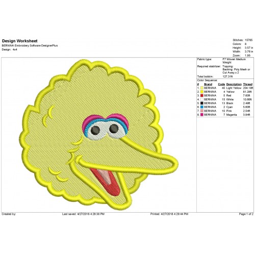 Big Bird Filled Embroidery Design