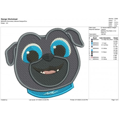 Bingo Face Puppy Dog Pals Filled Embroidery Design