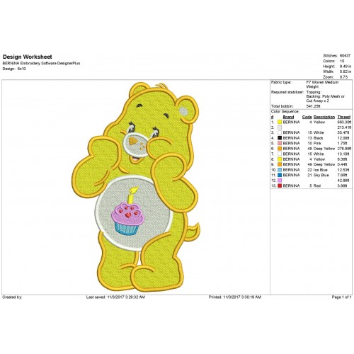 Birthday Bear Care Bears Embroidery Design