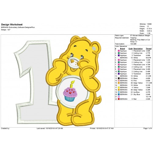 Birthday Bear Care Bears with a One Applique Design