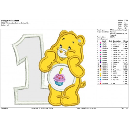 Birthday Bear Care Bears with a One Applique Design