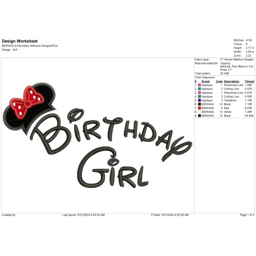 Birthday Girl - Minnie Mouse Ears Applique Design