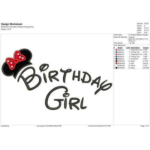Birthday Girl - Minnie Mouse Ears Applique Design