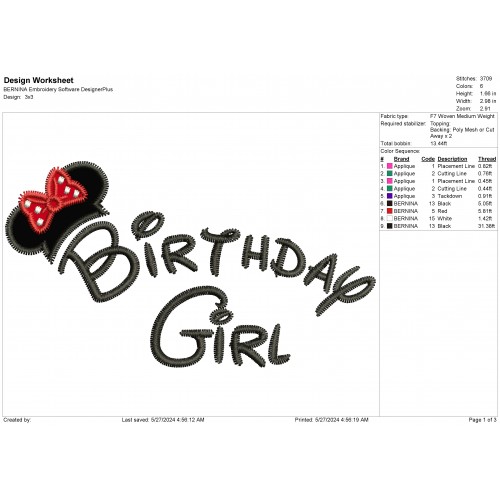 Birthday Girl - Minnie Mouse Ears Applique Design