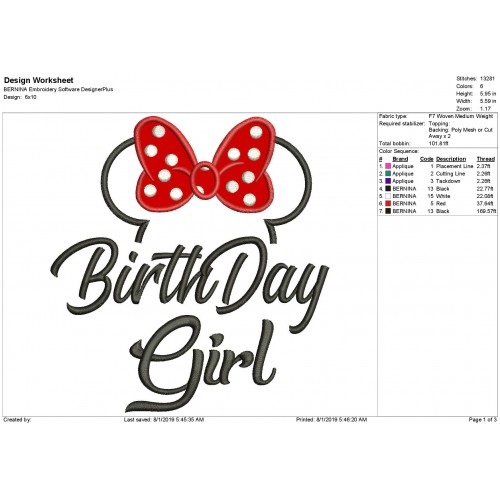 Birthday Girl with a Bow Applique Design