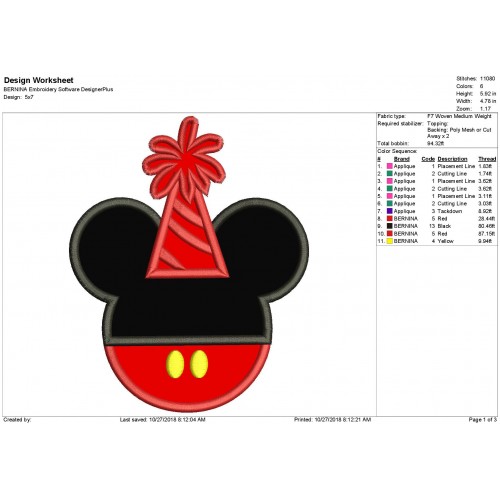 Birthday Mickey Mouse Head Applique Design