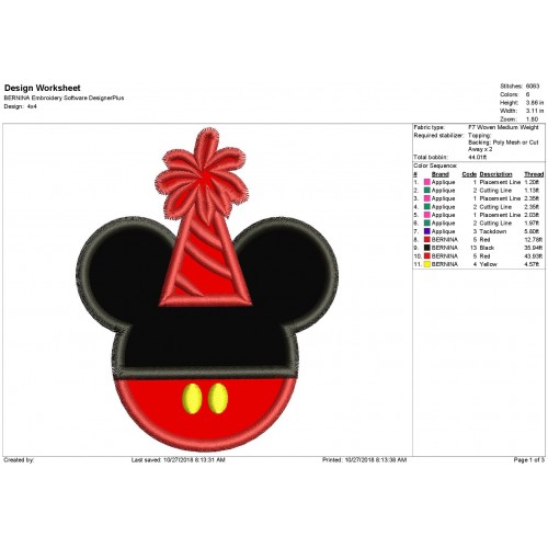 Birthday Mickey Mouse Head Applique Design