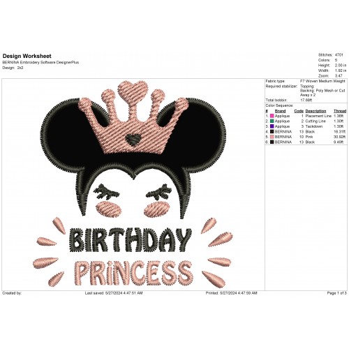 Birthday Princess With Crown Applique Design