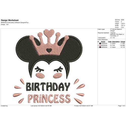 Birthday Princess With Crown Embroidery Design