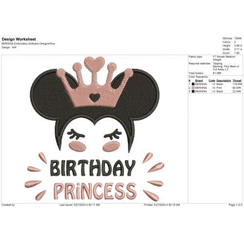 Birthday Princess With Crown Embroidery Design