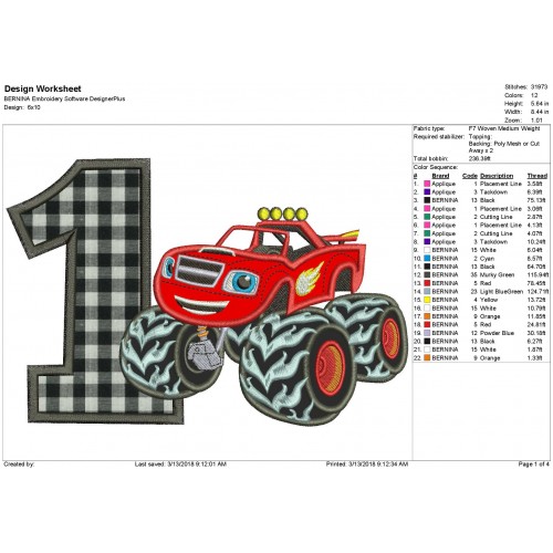 Blaze 1st Birthday Applique - Blaze and the Monster Machines Applique