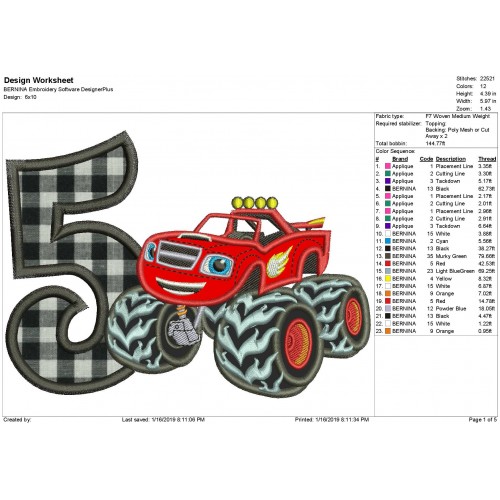 Blaze Monster Truck Number 5 Applique Design