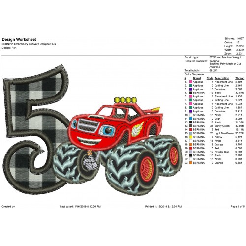 Blaze Monster Truck Number 5 Applique Design