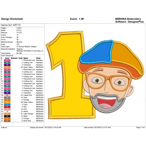 Blippi Head Number 1 Birthday Applique Design