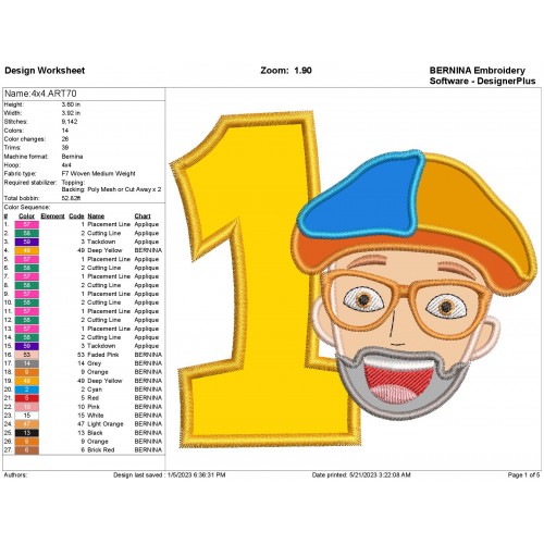 Blippi Head Number 1 Birthday Applique Design