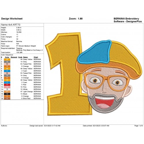 Blippi Head Number 1 Birthday Embroidery Design Filling