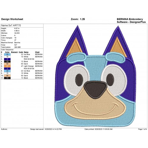 Bluey Head Filling Stitch Embroidery Design