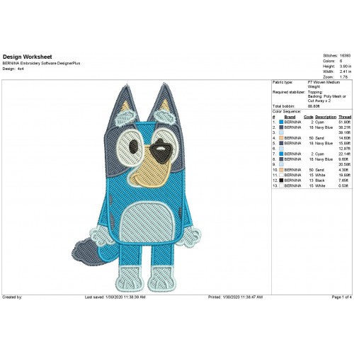 Bluey the Dog Filled Stitch Embroidery Design