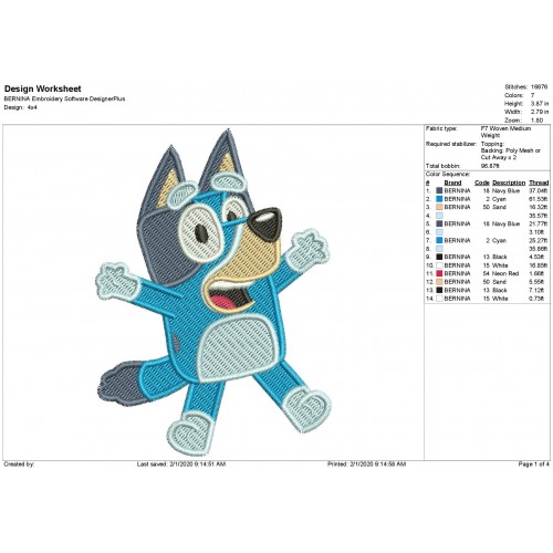 Bluey the Dog Machine Filled Stitch Embroidery Design