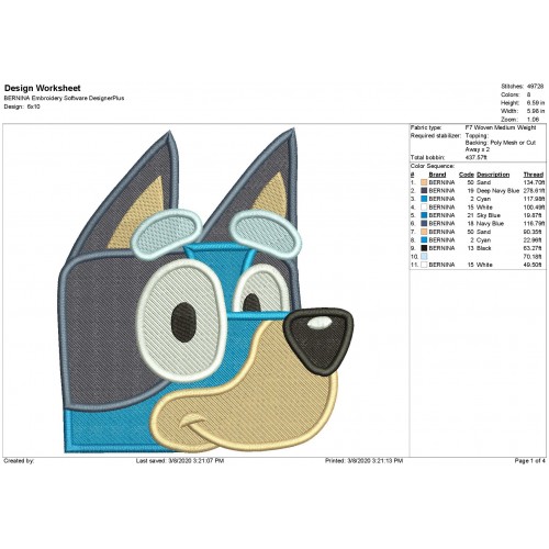 Bluey the Dog Peeker Filled Embroidery Design