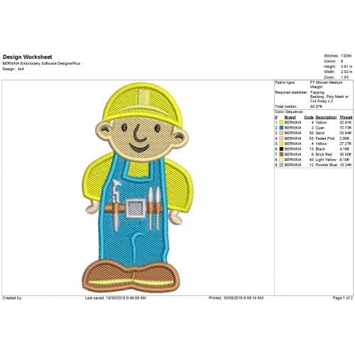 Bob the Builder Filled Stitch Embroidery Design