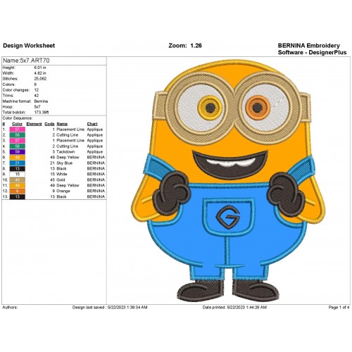 Bob the Minion Minions Applique Design