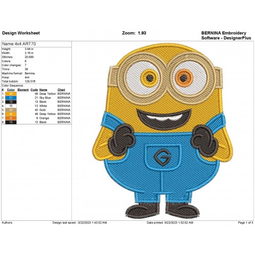 Bob the Minion Minions Filled Embroidery Design