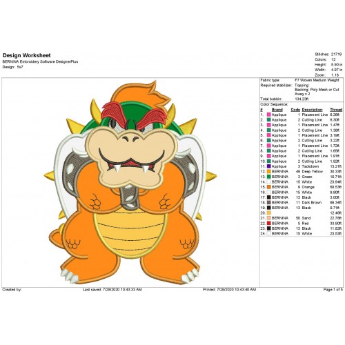 Bowser Super Mario Applique Design