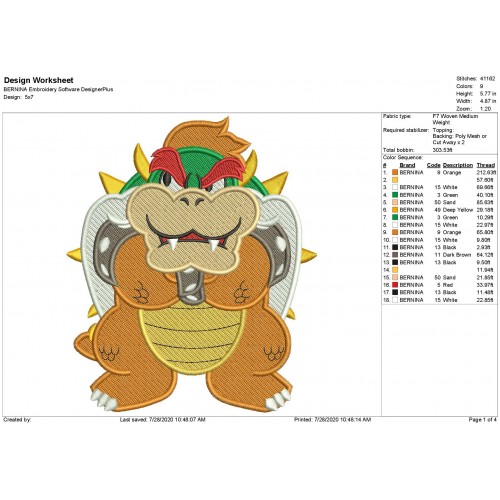 Bowser Super Mario Full Embroidery Design