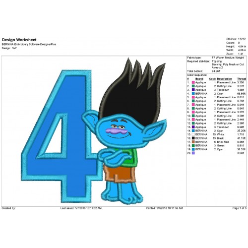 Branch 4th Birthday Applique Design Branch Trolls Applique