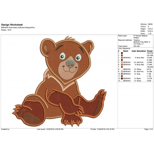 Brother Bear Fill Stitch Embroidery Design