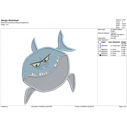 Bruce the Shark Fish Finding Dory Filled Embroidery Design