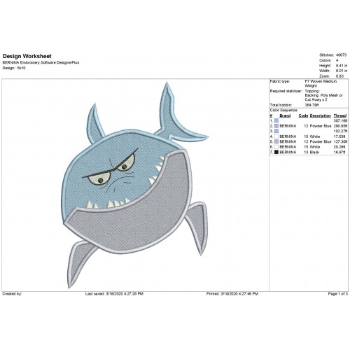 Bruce the Shark Fish Finding Dory Filled Embroidery Design