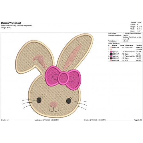 Bunny Girl Bunny Head Filled Stitch Embroidery Design