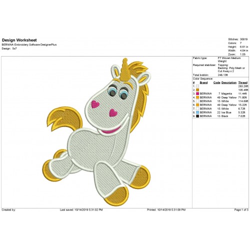 Buttercup Toy Story Horse Filled Embroidery Design