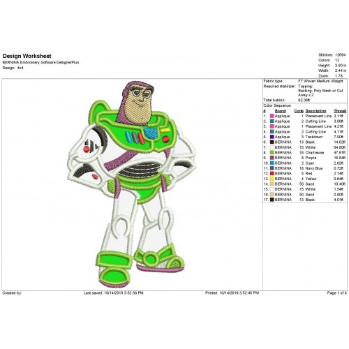 Buzz Lightyear Toy Story Applique Design